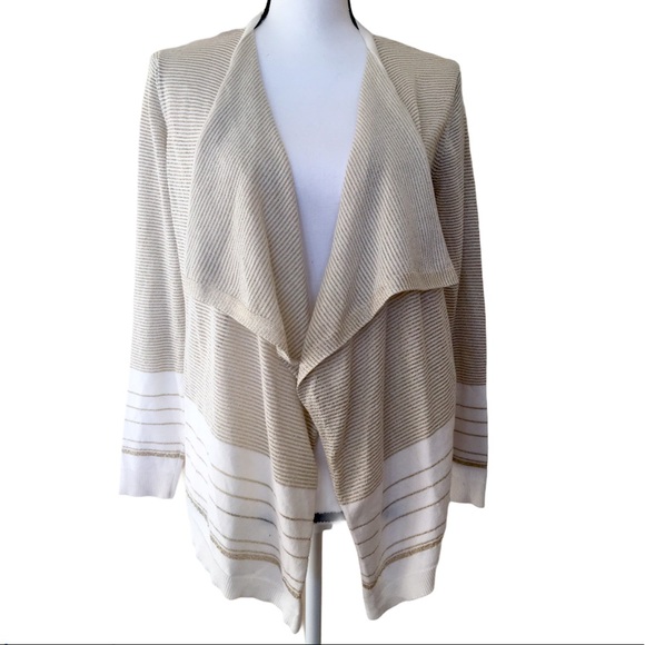 Calvin Klein Sweaters - Calvin Klein Gold White Stripe Cardigan, Size M
